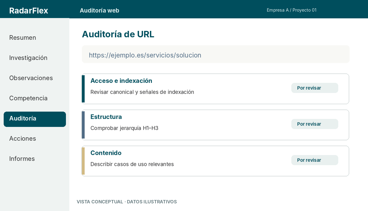 Vista conceptual del auditor SEO y GEO