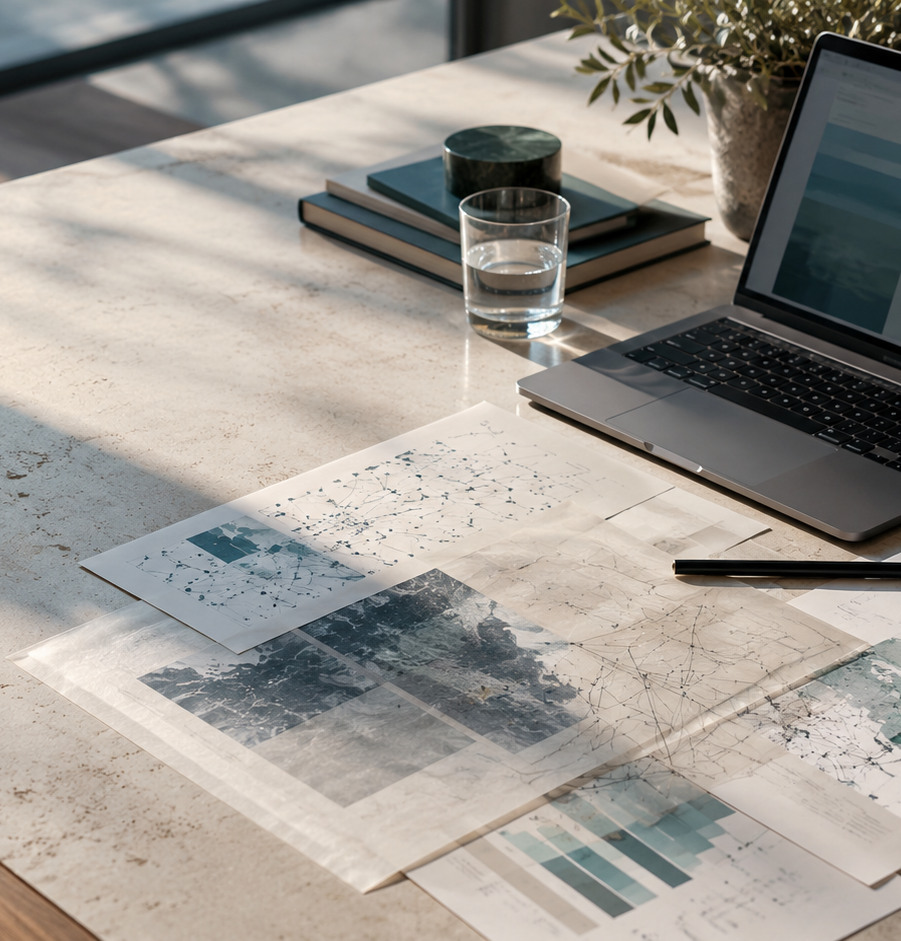 Mesa de trabajo con ordenador, documentos y gráficos de análisis